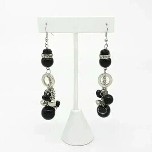 EUC long black & silver tone hook dangle statement earrings